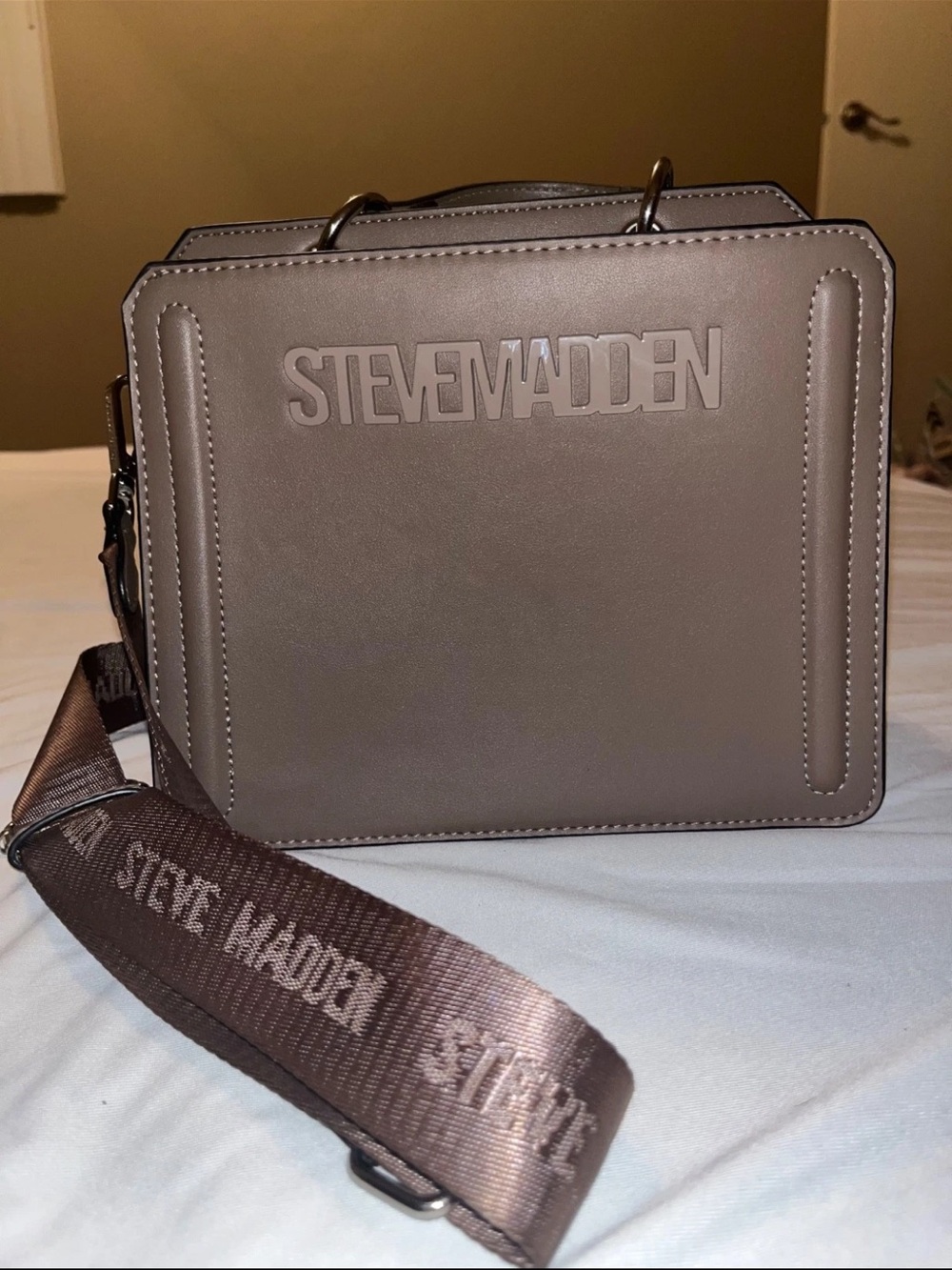 Steve Madden Taupe/Brown Box Crossbody with Branded Strap